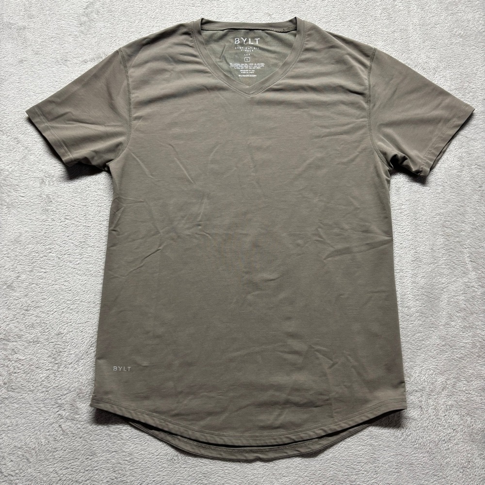 BYLT Basics T-Shirt Mens Large Drop Cut S/S V-Neck Lux Taupe Olive EUC